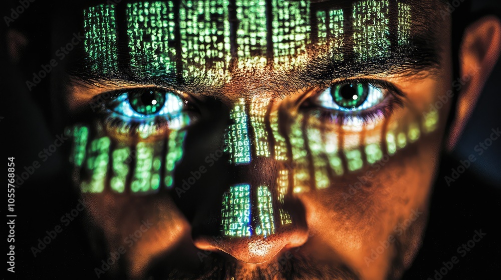 Poster close-up of hacker illuminated by computer light