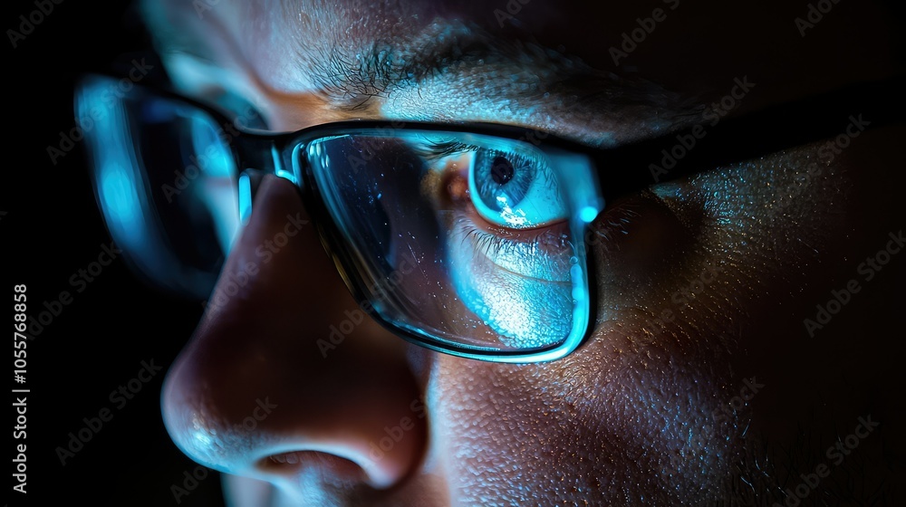 Poster illuminated face of a hacker at a computer screen