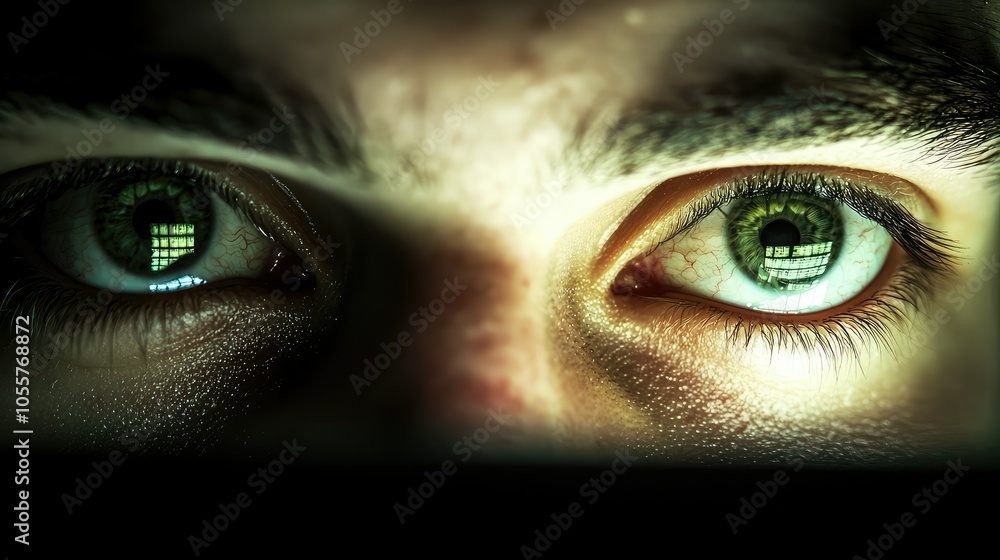 Aufkleber intense gaze of a hacker illuminated by screen light
