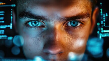 Focused Eyes of a Young Hacker at Computer Screen