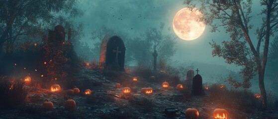 Naklejka premium Eerie night full moon illuminates an abandoned cemetery with glowing pumpkins