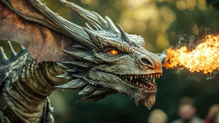 Intricate Dragon Head with Fiery Breath
