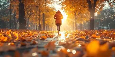 A person jogging through a sunlit autumn park filled with colorful leaves.
