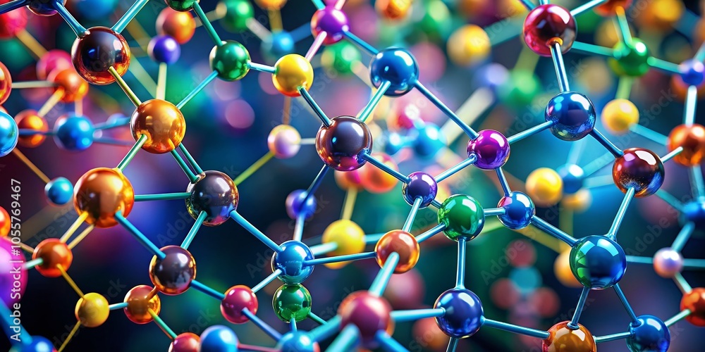 Poster colorful connection of molecules with hexagonal patterns in candid photography style for science and