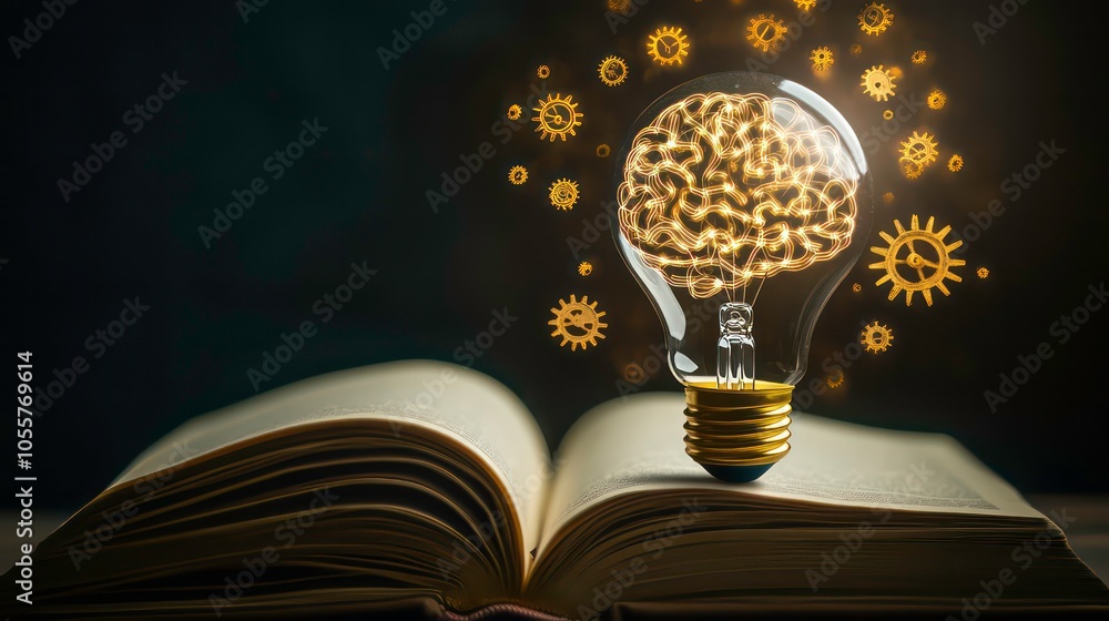 Aufkleber An open book with a glowing light bulb and brain imagery, symbolizing knowledge and creativity.