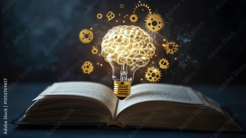 Poster an open book with a glowing brain and gears above, symbolizing knowledge and creativity.