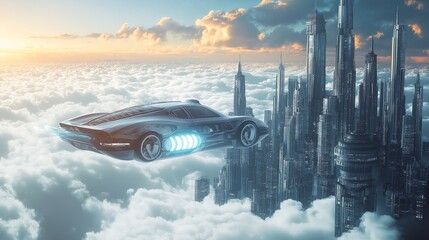 3D Smart car flying above clouds in a modern city, future conceot 3d illustration