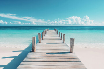Tranquil scene with a weathered pier leading to the crystal clear ocean. Ideal for travel, vacation, and relaxation themes.