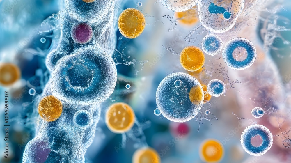 Poster microscopic view of pathogens and cellular structures in phlegm sample under laboratory analysis