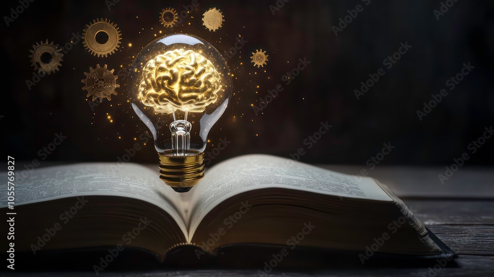 Poster A glowing brain inside a light bulb above an open book, symbolizing knowledge and creativity.