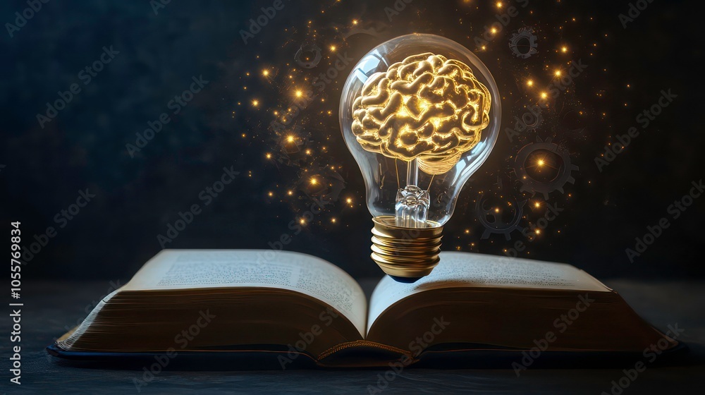 Aufkleber An open book with a glowing brain-shaped light bulb above it, symbolizing knowledge and ideas.
