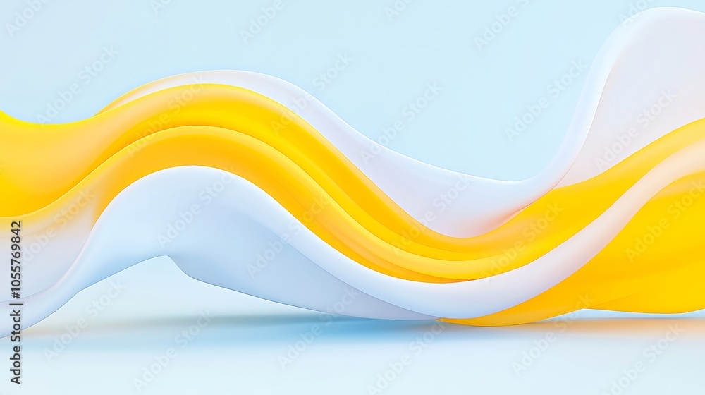 Poster vibrant swirls of yellow and soft blue, an abstract composition featuring flowing waves and a harmon