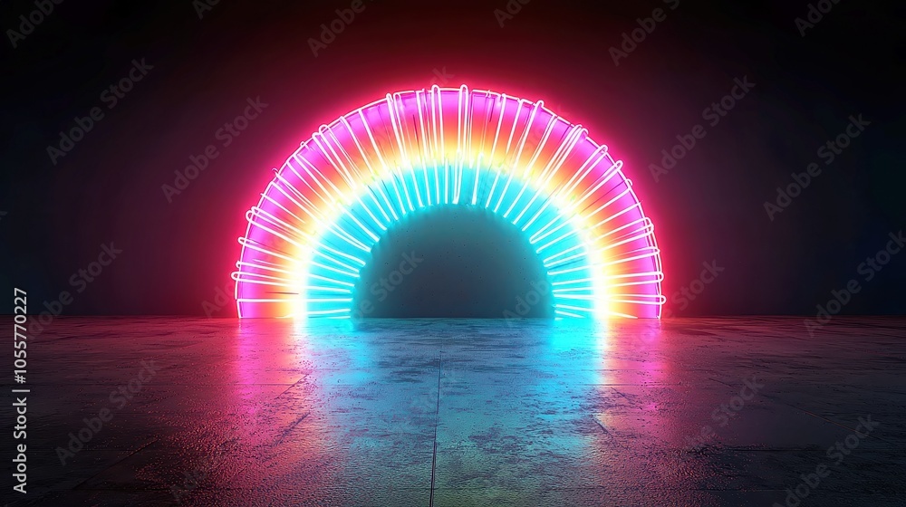 Poster neon rainbow wave, a vibrant and dynamic 3d render showcasing a seamless loop of glowing rainbow col
