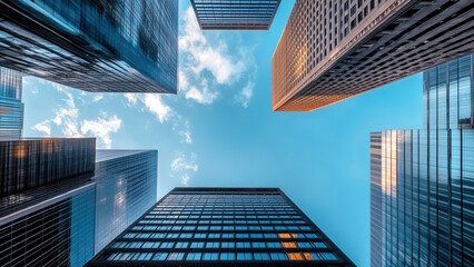 Tall skyscrapers reaching towards the sky with a blue sky and clouds in the background.