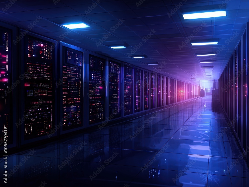 Poster illuminated data center corridor with high-tech server racks and reflective floor design