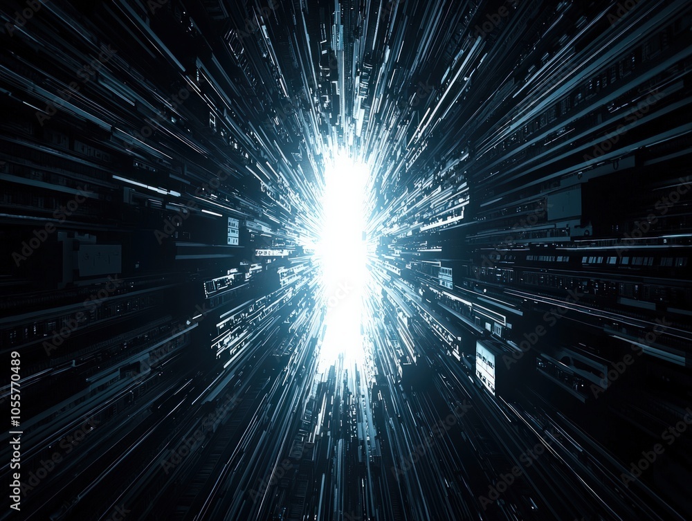 Poster dynamic light burst through abstract digital structures creating an energetic vortex effect