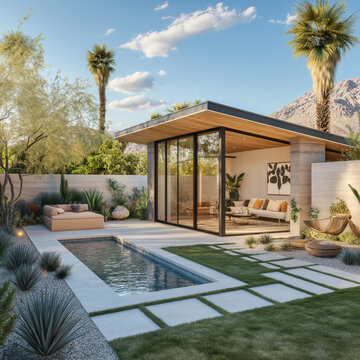 Create a realistic style exterior backyard rendering 20ft x 60ft, looking wall on right side and freestanding 