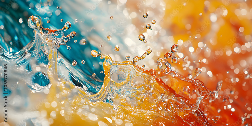Poster abstract water droplets splashing and creating a beautiful pattern of orange and blue