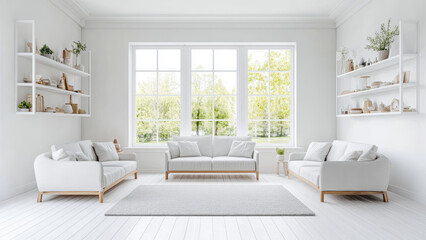 Minimalist living room with comfortable seating and bookshelves.