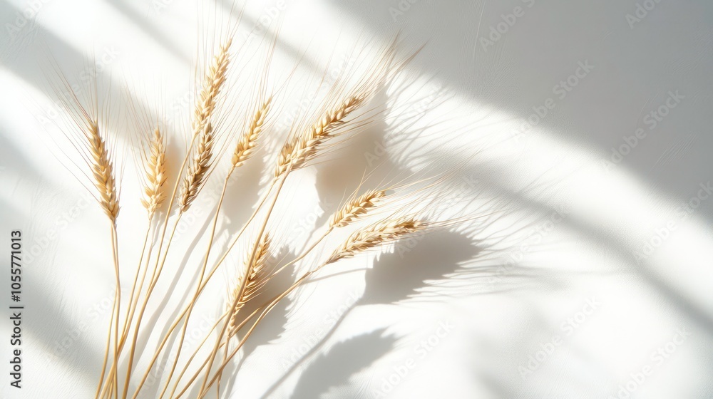 Poster a serene arrangement of wheat stalks casting soft shadows on a light background.