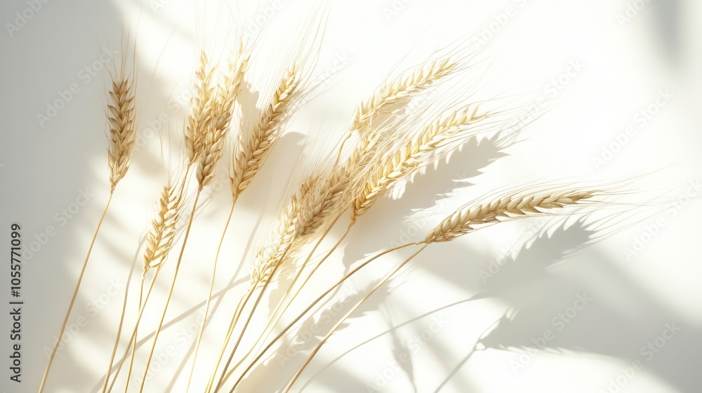 Poster a serene arrangement of dried wheat stalks casting soft shadows on a light background.