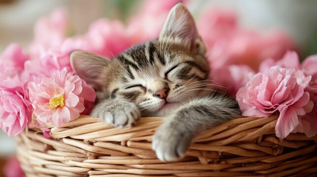 Sleeping Kitten in a Basket of Flowers
