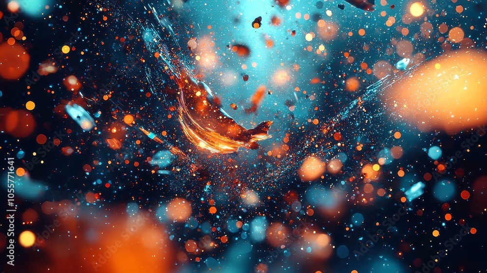 Poster glowing particle abstract, vibrant abstract background featuring luminous particles and soft bokeh e