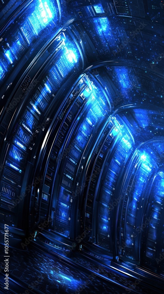 Poster futuristic data center with luminescent panels and advanced technology environment