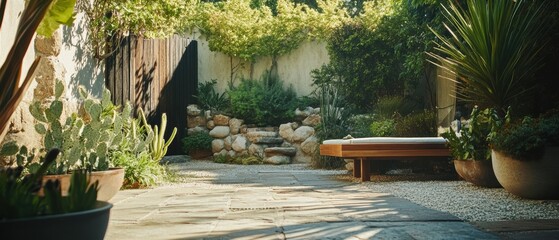 Obraz premium Experience serenity in a four-season holistic outdoor patio design with natural stone elements and lush plant life