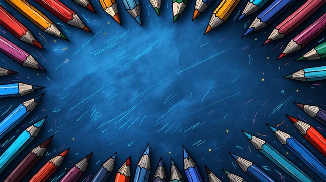 blue textured kids notebook page with frame of sharpened crayons 