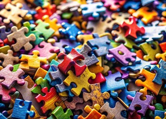 Fototapeta premium Colorful Jigsaw Puzzle Pieces in Creative Chaos Awaiting Connection for Architectural Photography