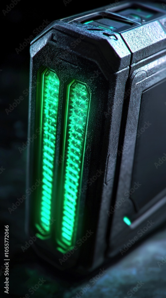 Poster futuristic device with illuminated green features showcasing advanced technology design