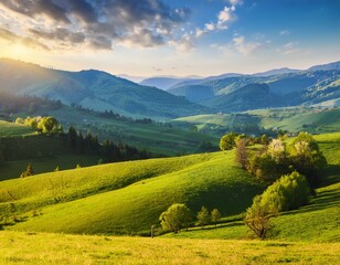 Obraz premium Beautiful autumn landscape with mountains at sunset. Yellow trees on green mountain hills illuminated with sunshine. Fall natural background.