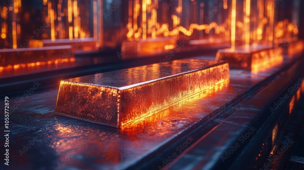 Poster exploring the intersection of copper ingots stock market trends and mining operations in a dynamic f