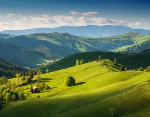 Obraz premium Beautiful autumn landscape with mountains at sunset. Yellow trees on green mountain hills illuminated with sunshine. Fall natural background.