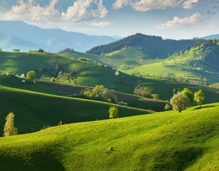 Obraz premium Beautiful autumn landscape with mountains at sunset. Yellow trees on green mountain hills illuminated with sunshine. Fall natural background.