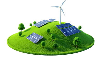 Remote renewable energy setup with solar panels and wind turbine isolated on transparent or white background