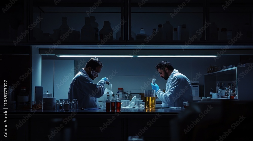 Poster two scientists working in a dimly lit laboratory