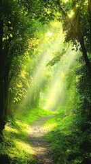 Obraz premium Tranquil Forest Path with Dappled Sunlight