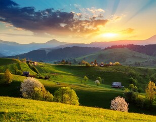 Obraz premium Beautiful autumn landscape with mountains at sunset. Yellow trees on green mountain hills illuminated with sunshine. Fall natural background.