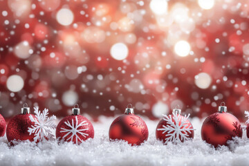 Festive red ornaments adorned with snowflakes rest in the snow, evoking a sense of winter wonderland magic.