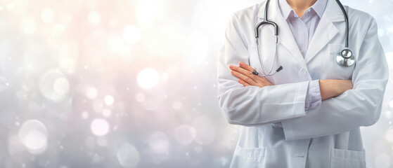 This close-up shot of a doctor with folded arms exudes professionalism, expertise, and trustworthiness.