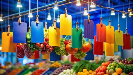 Fototapeta premium Colorful Price Tags Hanging Against a Blue Background for Vibrant Food Photography