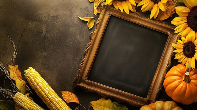 Dark gray slate background adorned with autumn decorations including vibrant sunflowers, pumpkins, and corn, creating a warm seasonal atmosphere. In the center, an empty wooden frame is perfectly posi
