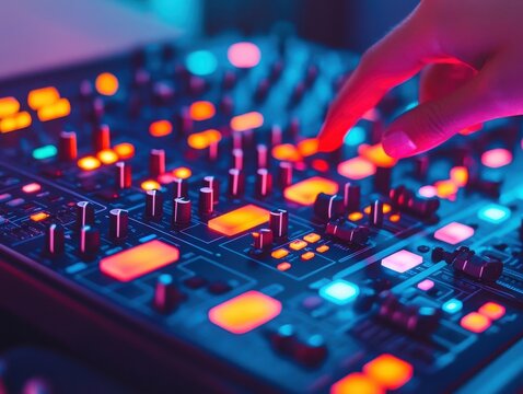 A vibrant electronic music controller with colorful lights and knobs, showcasing a hand adjusting the settings for perfect sound.