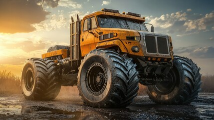Obraz premium Captivating Yellow Cargo Truck at Sunset