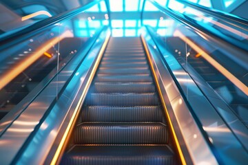 Empty escalator going up in modern building with blue lights