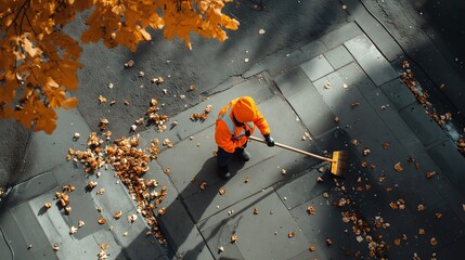 Street cleaner sweeping fallen autumn leaves on sidewalk