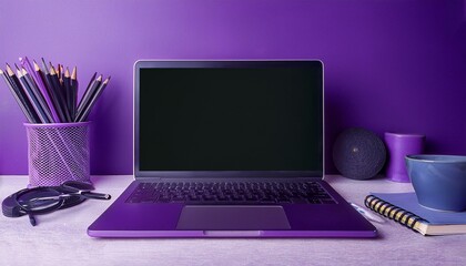 Creative purple designer workplace with empty black mock up laptop screen . 3D Rendering.