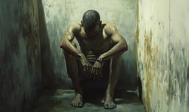 A man sits shackled in a small room.